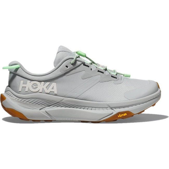 Lateral side of Hoka Women's Transport Lifestyle Shoe in gray color with bungee laces