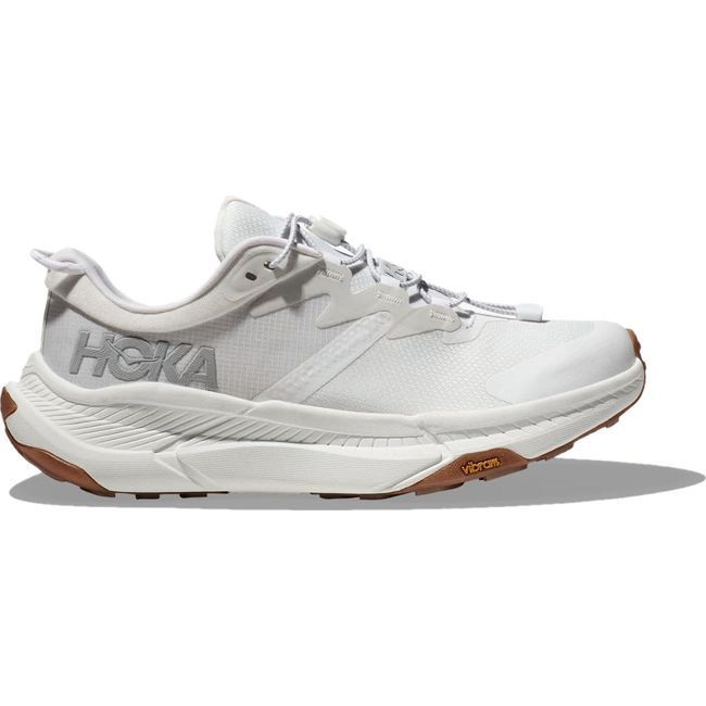 Lateral side of Hoka Women's Transport Lifestyle Shoe in white with bungee laces