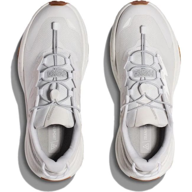 Top down view of Hoka Women's Transport Lifestyle Shoe in white with bungee laces