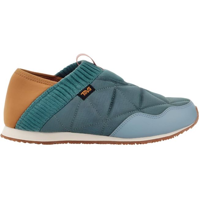 Lateral side of Unisex Teva ReEmber Slip On Shoe in Light Multi blue and gold heel