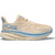 Lateral side of Women's Hoka Clifton 9 Running Shoe in Oak Alabaster tan and blue colors