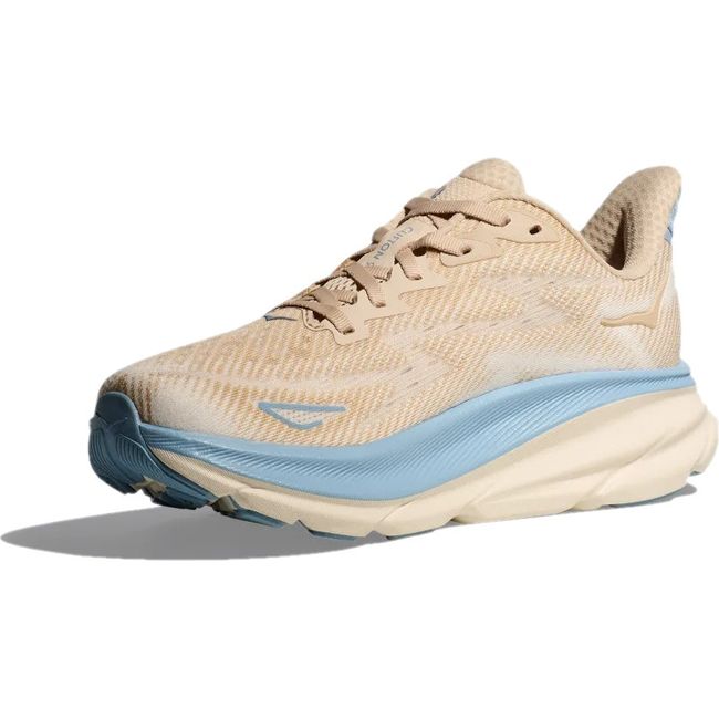 Medial side of Women's Hoka Clifton 9 Running Shoe in Oak Alabaster tan and blue colors