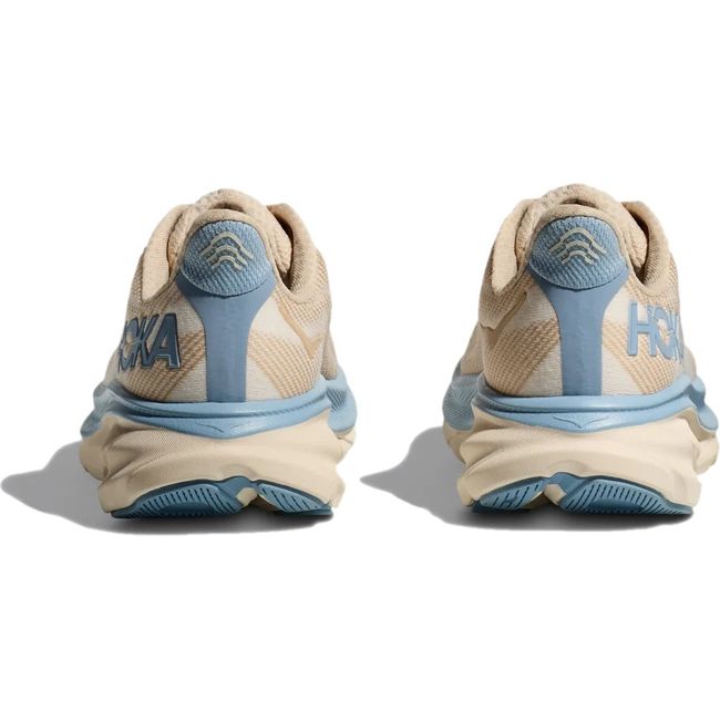 Lateral side of Women's Hoka Clifton 9 Running Shoe in Oak Alabaster tan and blue colors