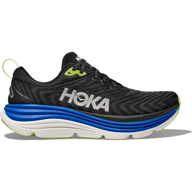 Lateral side of Men's Hoka Gaviota 5 Running Shoe in Black and Electric Cobalt Blue
