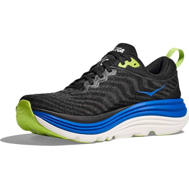 Medial side of Men's Hoka Gaviota 5 Running Shoe in Black and Electric Cobalt Blue