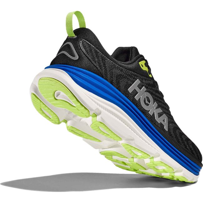 Heel angled up showing sole of Men's Hoka Gaviota 5 Running Shoe in Black and Electric Cobalt Blue