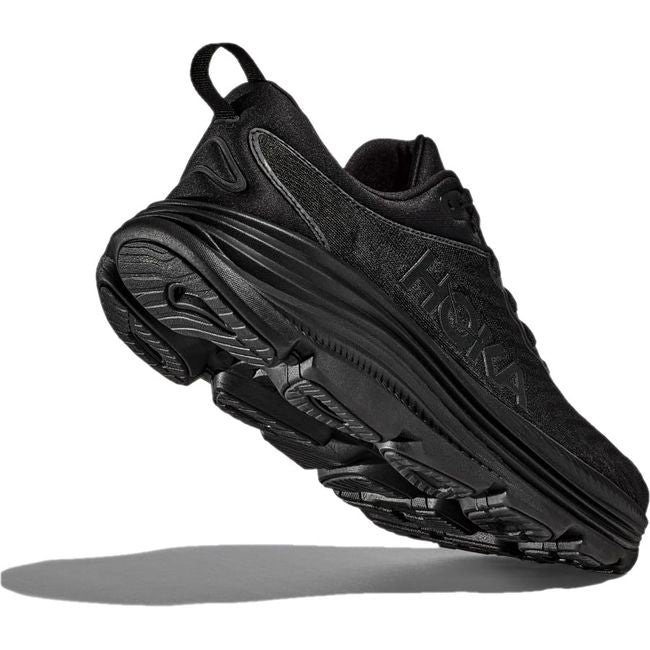 Heel up view of Women's Hoka Gaviota 5 Running Shoes in all black. Shows black tread