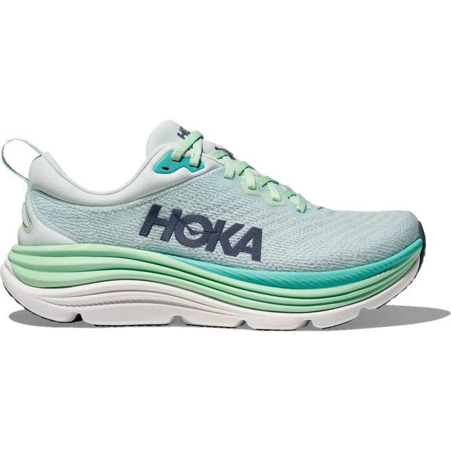 Lateral side of Hoka Women's Gaviota 5 Running Shoe in Snow Melt Gray and Cielo Blue
