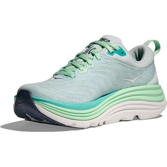 Medial side of Hoka Women's Gaviota 5 Running Shoe in Snow Melt Gray and Cielo Blue