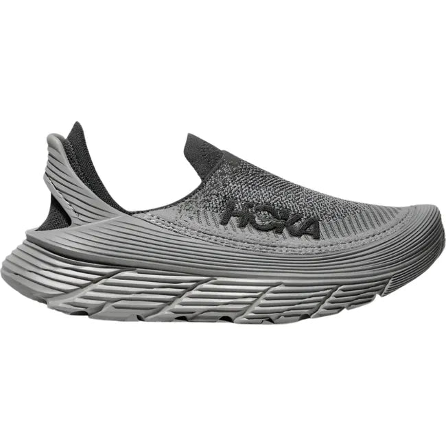 Lateral side of Hoka Unisex Restore TC Recovery Shoe in Satellite Grey with slip on feature