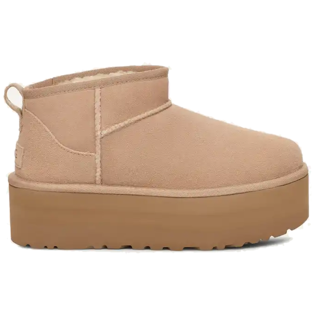 Side of UGG Women&#39;s Classic Ultra Mini in Sand Beige Suede