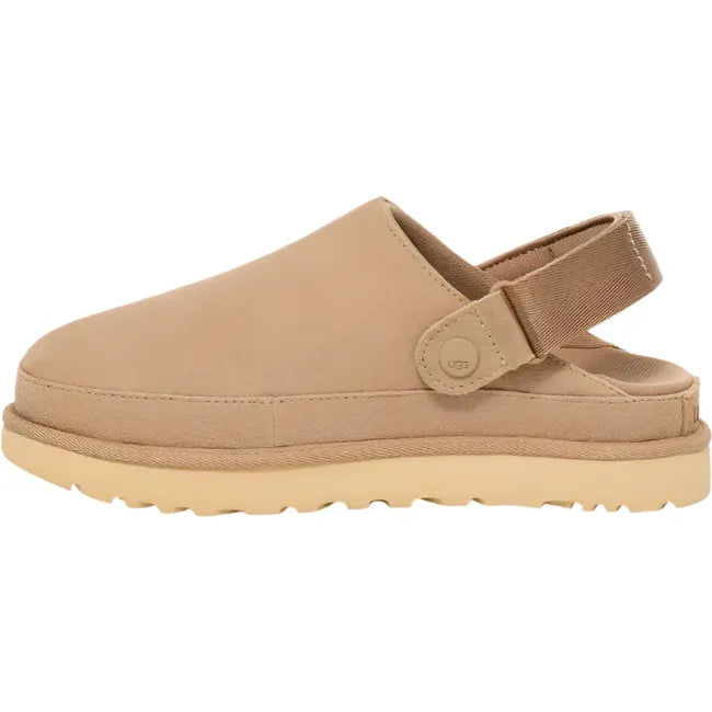 Medial side of Women's Ugg Goldenstar Clog in sand suede with adjustable heel strap