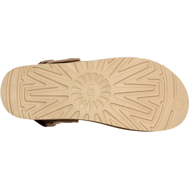 Sole view of Women's Ugg Goldenstar Clog in sand suede with beige outsole