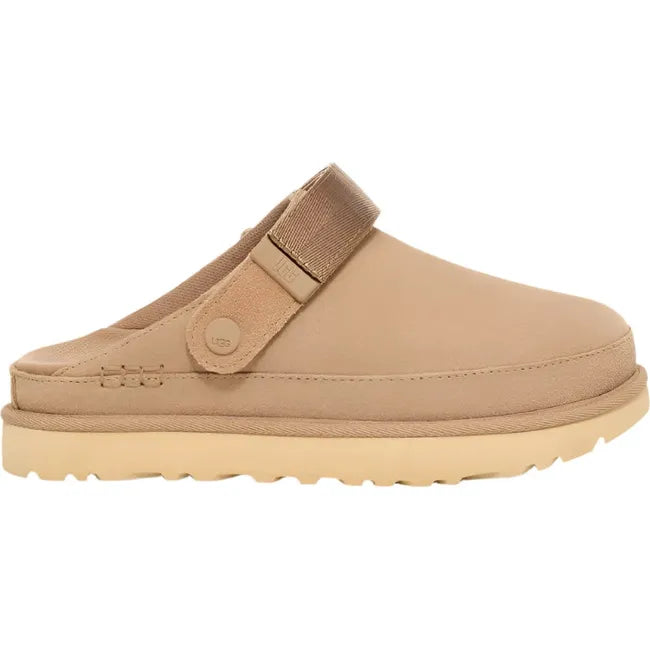 Lateral side of Women's Ugg Goldenstar Clog in sand suede with adjustable heel strap moved up