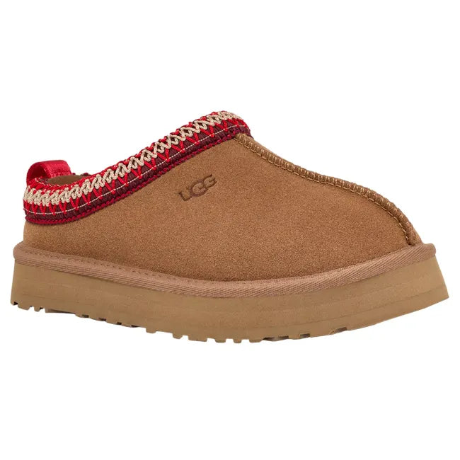 Front angled view of UGG Youth Tazz Slipper in Chestnut Brown Suede
