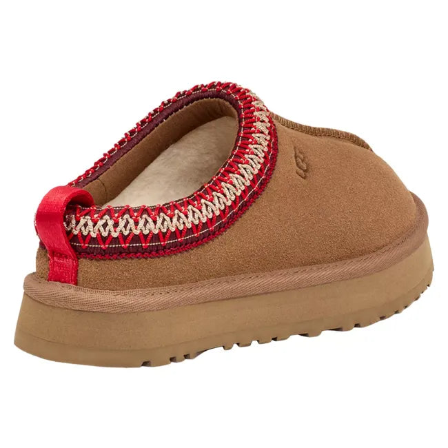 Heel of UGG Youth Tazz Slipper in Chestnut Brown Suede