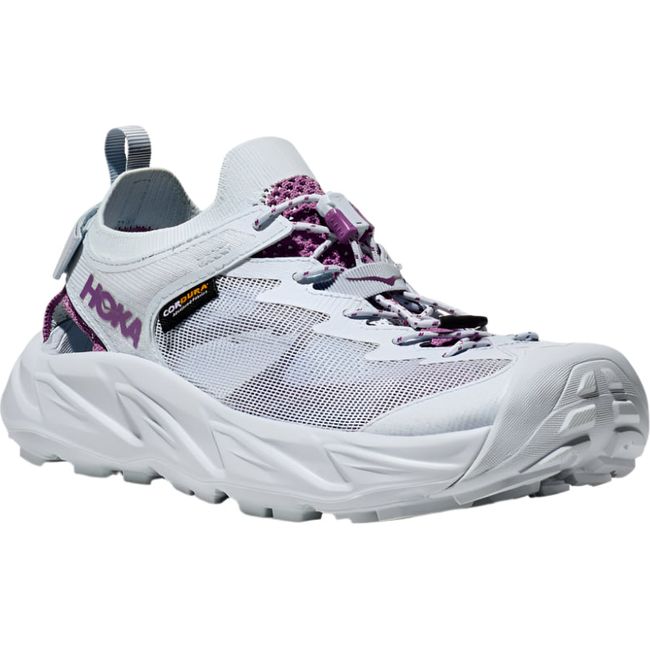 Lateral agnled side of Hoka Women's Hopara 2 Hiking Shoe in illusion grey