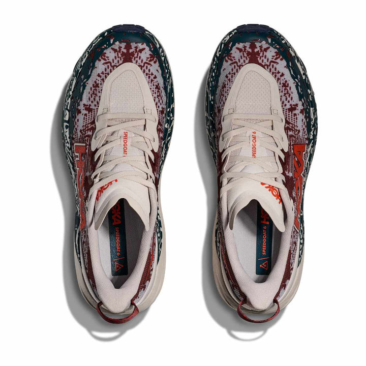 Top-down view of Hoka Speedgoat 6 in putty blue showing woven textile upper and gusseted tongue