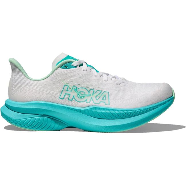 Lateral side of Hoka Women's Mach 6 Running Shoe in White Cielo Blue