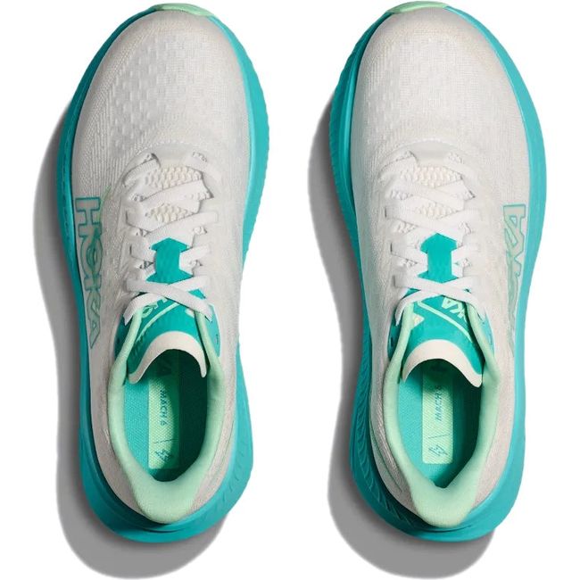 Top down view of Hoka Women's Mach 6 Running Shoes in White Cielo Blue