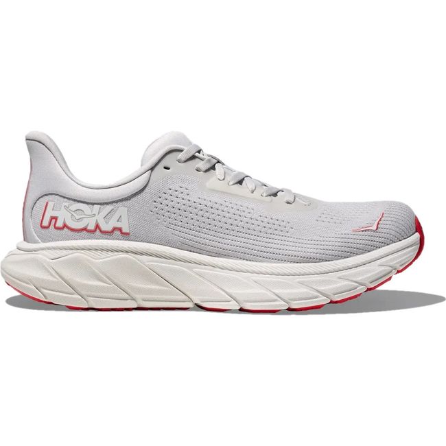 Lateral side of Hoka Women&#39;s Arahi 7 Running Shoe in Cosmic Grey and Ruby Red