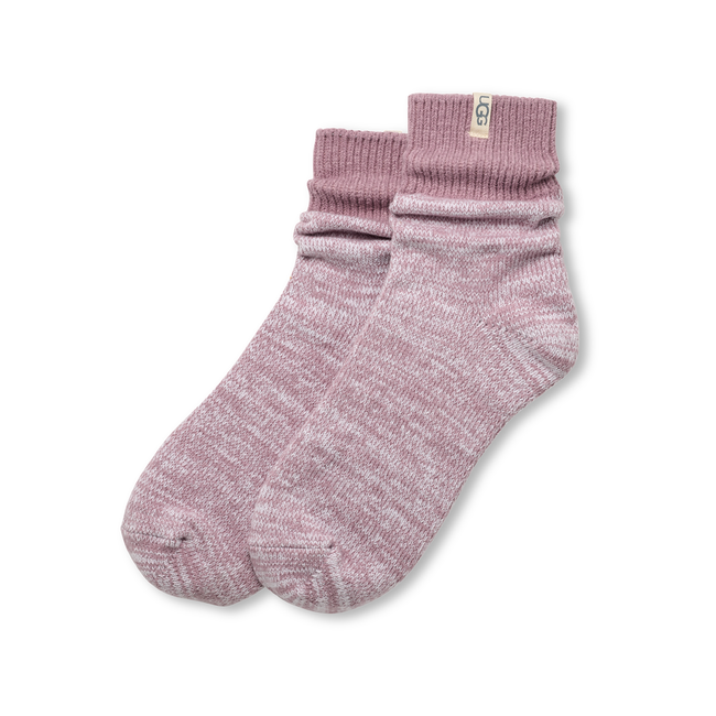 UGG Women's Rib Knit Slouchy Quarter Socks in Pinkish Purple with cuff slouched down