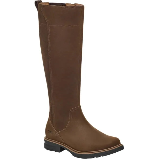 Front angled view of Women's Waterproof Teva Rowena Tall Boot in chocolate brown leather