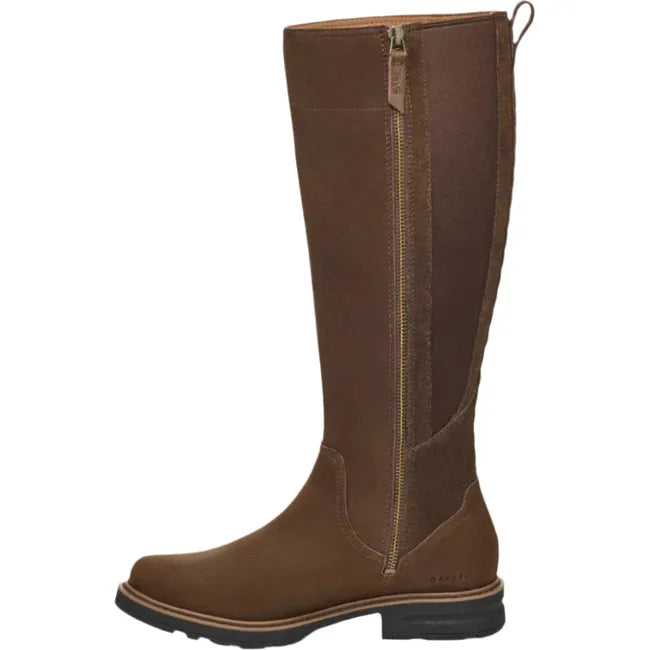 Medial side of Women's Waterproof Teva Rowena Tall Boot in chocolate brown leather