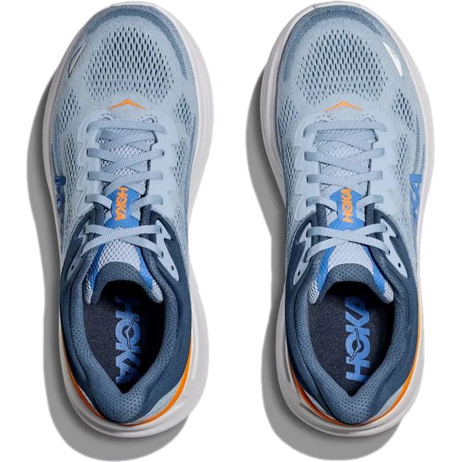 Top down view of Men's Hoka Bondi 9 Running Shoe in drizzle blue with mesh upper and lace up closure