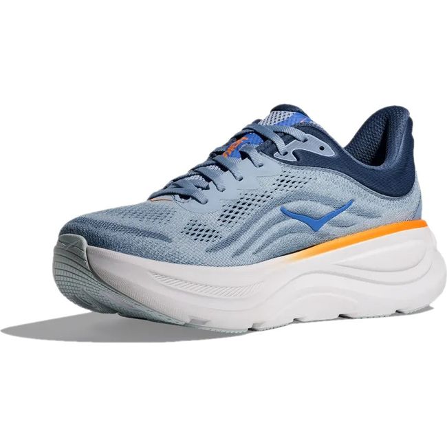 Medial side of Men's Hoka Bondi 9 Running Shoe in drizzle blue with thick midsole and orange accent