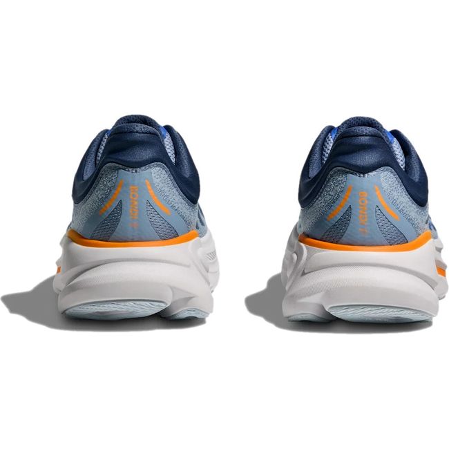 Heels of Men's Hoka Bondi 9 Running Shoes in drizzle blue with thick midsole and orange accent