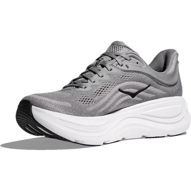 Medial side of Men's Hoka Bondi 9 Running Shoe in galactic grey with a thick white midsole
