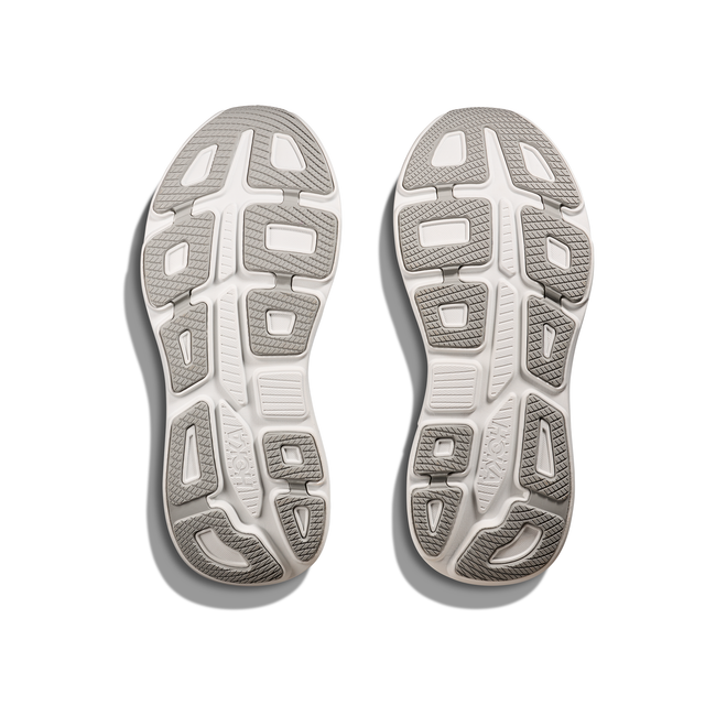 Soles of Men's Hoka Bondi 9 Running Shoes in navy blue upper with white midsoles and grey tread