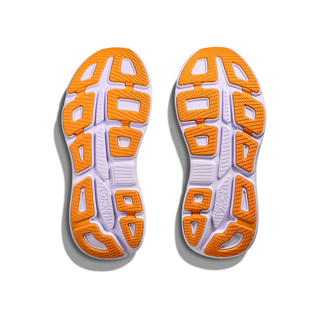 Soles of Women's Hoka Bondi 9 Running Shoes in purple with purple midsoles and orange tread