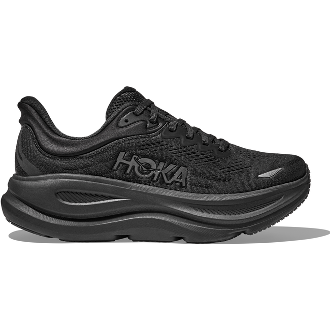 Lateral side of Women's Hoka Bondi 9 Running Shoe in all black with a thick cushioned midsole