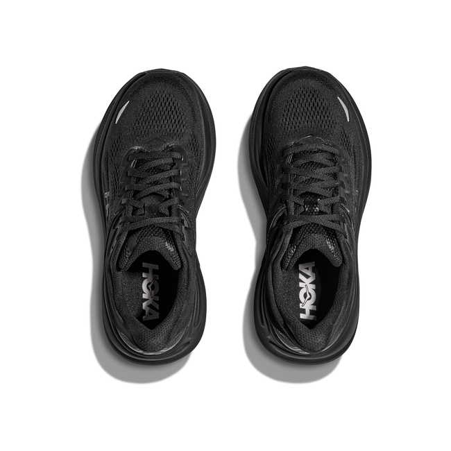 Top down view of Women's Hoka Bondi 9 Running Shoes in all black mesh upper with laces