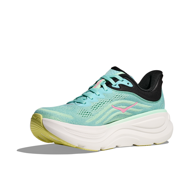Medial side of Women's Hoka Bondi 9 Running Shoe in mint green with a thick white midsole