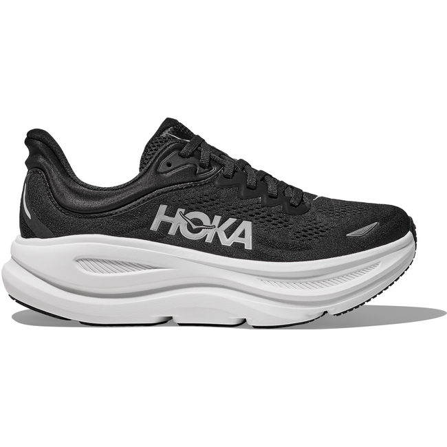 Lateral side of Women's Hoka Bondi 9 Running Shoe in black with a white cushioned midsole