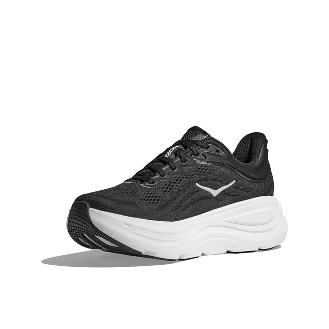 Medial side of Women's Hoka Bondi 9 Running Shoe in black with a white cushioned midsole