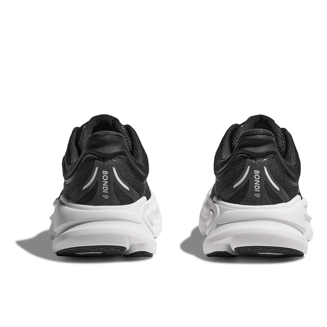 Heels of Women's Hoka Bondi 9 Running Shoes in black with a white cushioned midsole