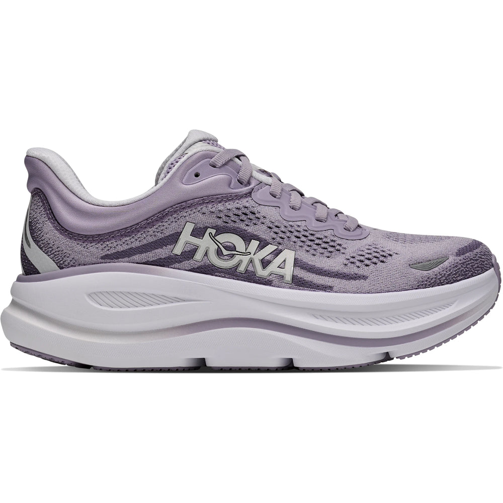 HOKA Women's Bondi 9 Running Shoe in Mellow Lilac/Purple Fog, outside view