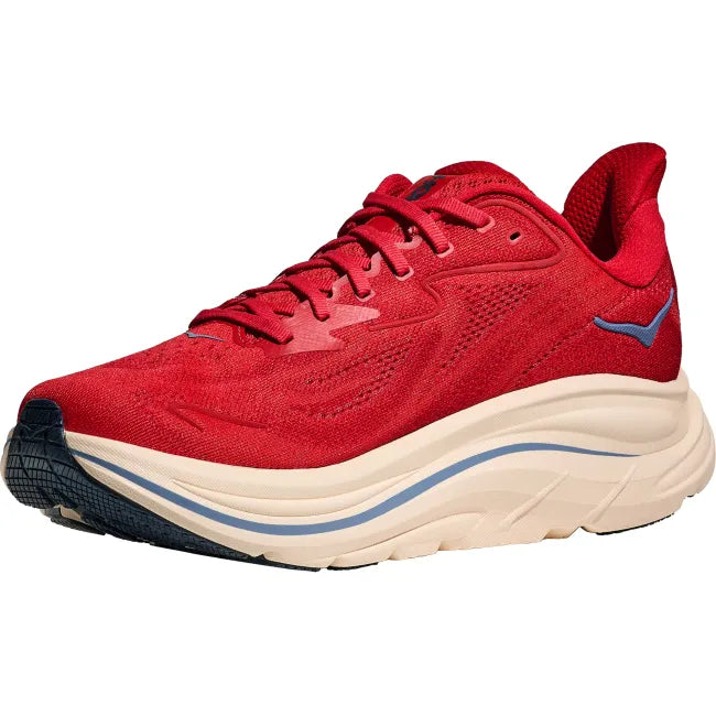 Front medial angle of Hoka Clifton 10 in vermillion showing wide toe box and double-lace lock system