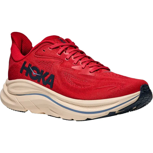 Front lateral angle of Hoka Clifton 10 in vermillion showing wide toe box and double-lace lock system