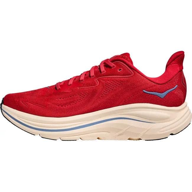 Medial side profile of Hoka Clifton 10 in vermillion showing CMEVA midsole and MetaRocker sole geometry