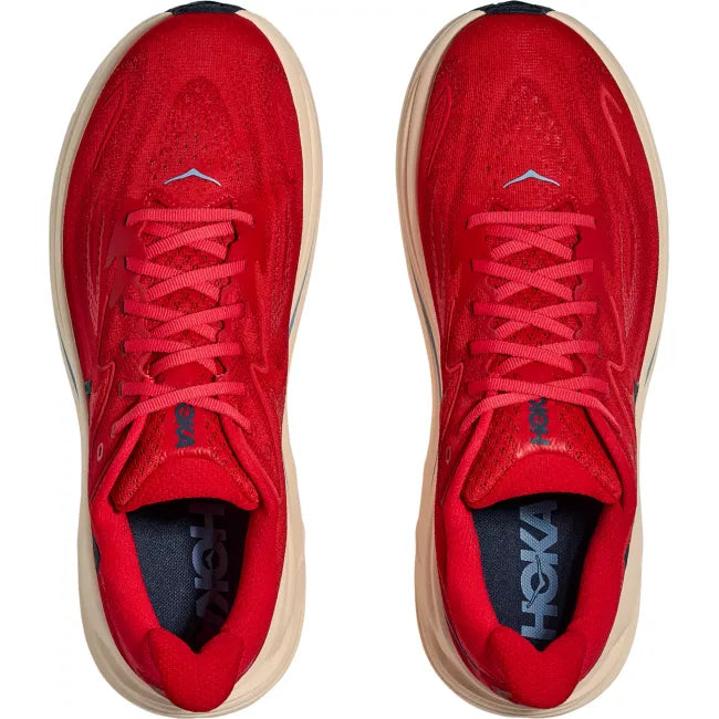 Top-down view of Hoka Clifton 10 in vermillion showing jacquard knit upper and double-lace lock closure
