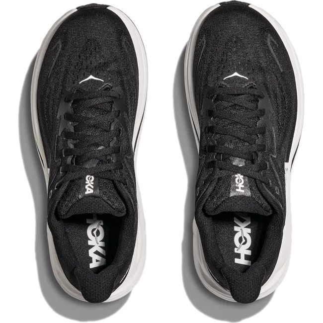 Top down view of Women's Hoka Clifton 10 Running Shoes in black and white