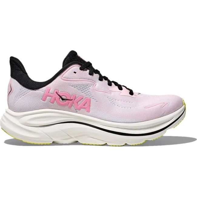 Lateral side of Hoka Women's Clifton 10 Running Shoe in Carnation Starlight Glow pink colorway