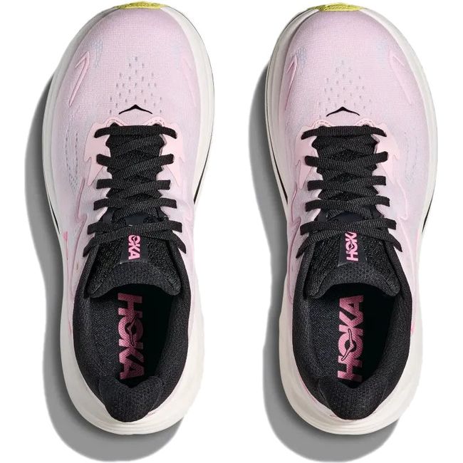 Top down view of Hoka Women's Clifton 10 Running Shoes in Carnation Starlight Glow pink colorway