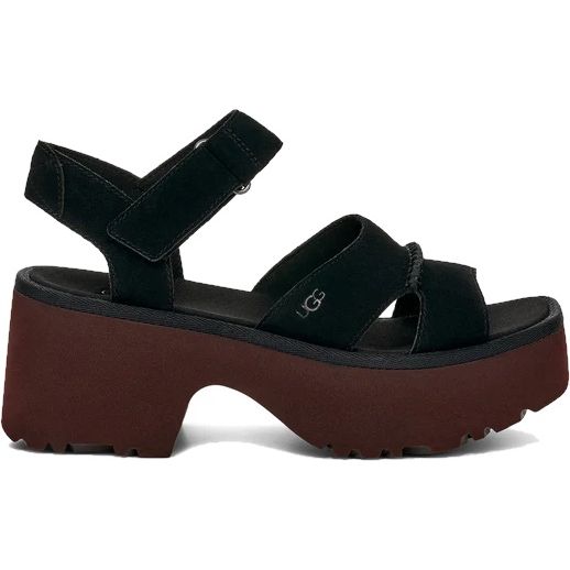 Side of UGG Women's New Heights Ankle Strap Sandal in Black Suede with Brown sole