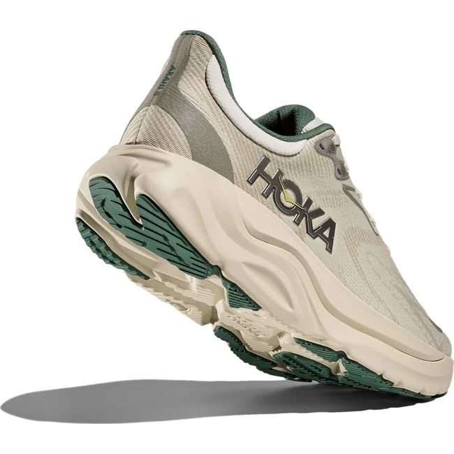 Heel angled up showing sole of Men's Hoka Arahi 8 Running Shoe in Truffle Salt Oyster Mushroom Beige